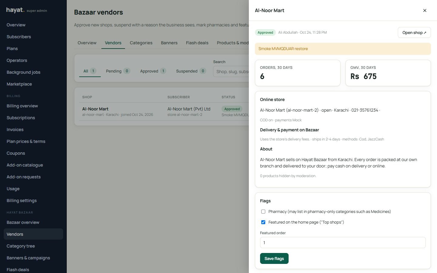A vendor's drawer: store, delivery, payments, orders and the flags