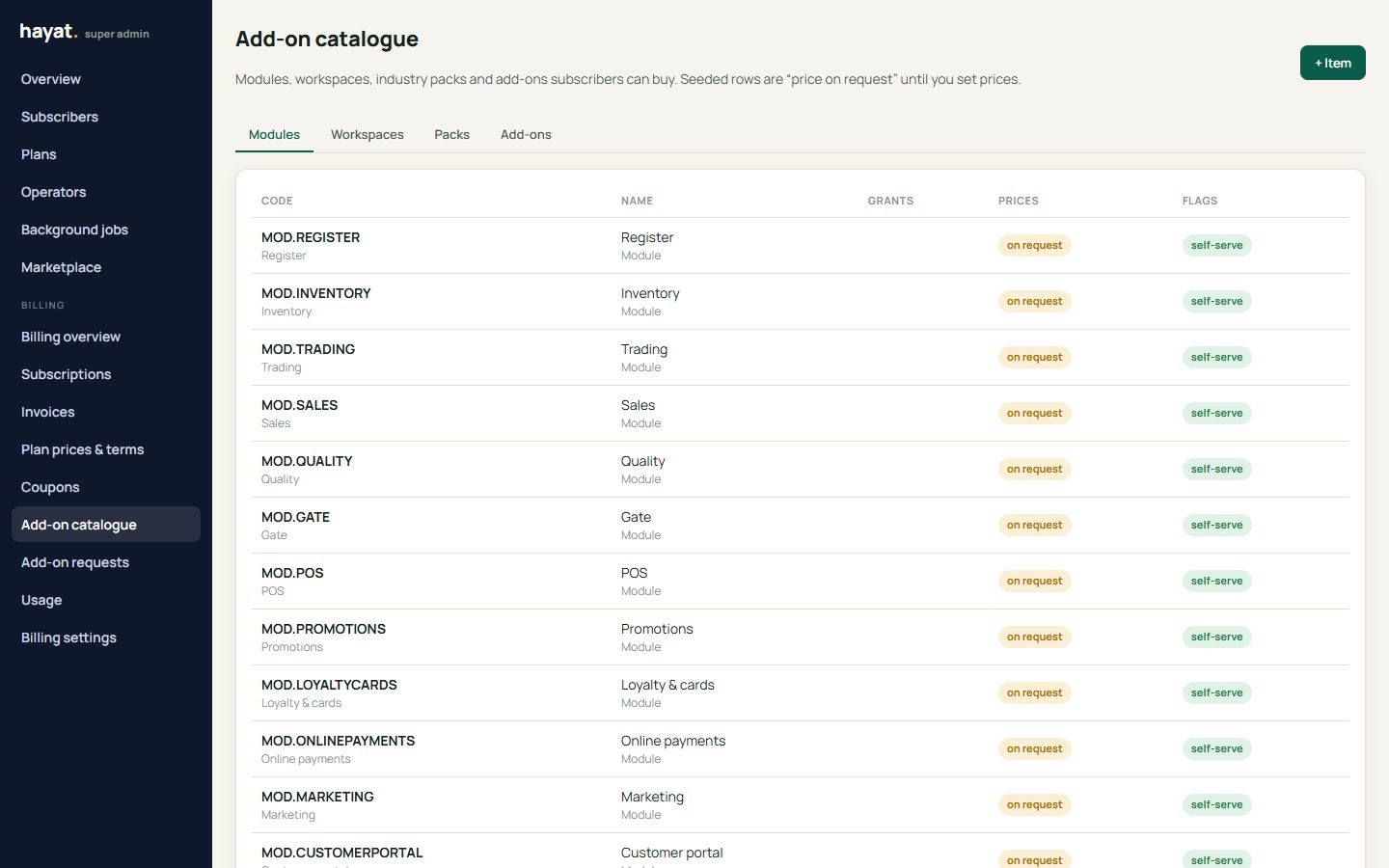 Add-on catalogue (super admin)