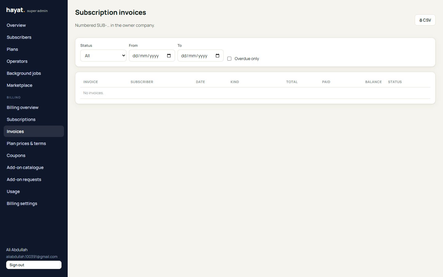 Subscription invoices (super admin)