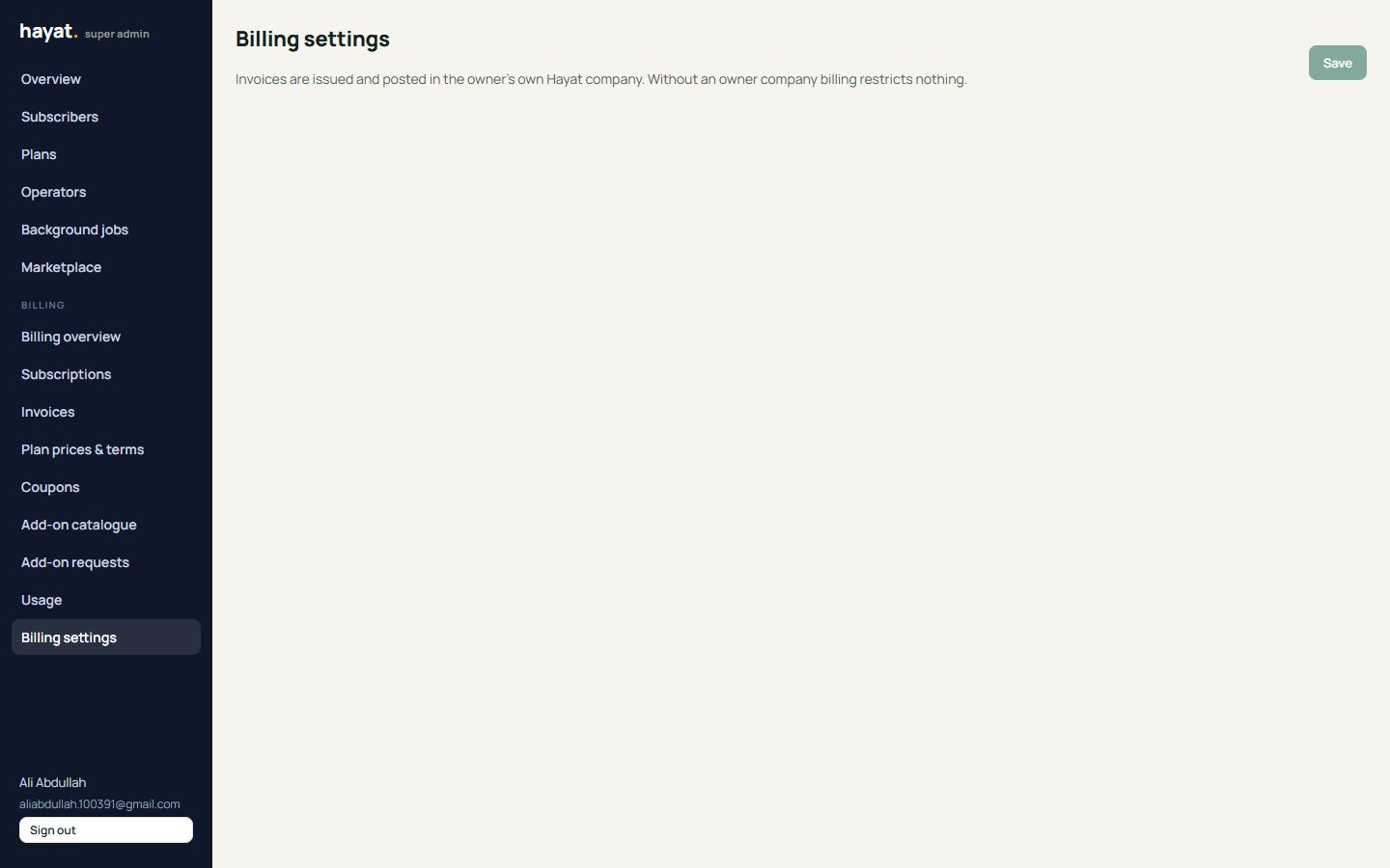 Billing settings (super admin)