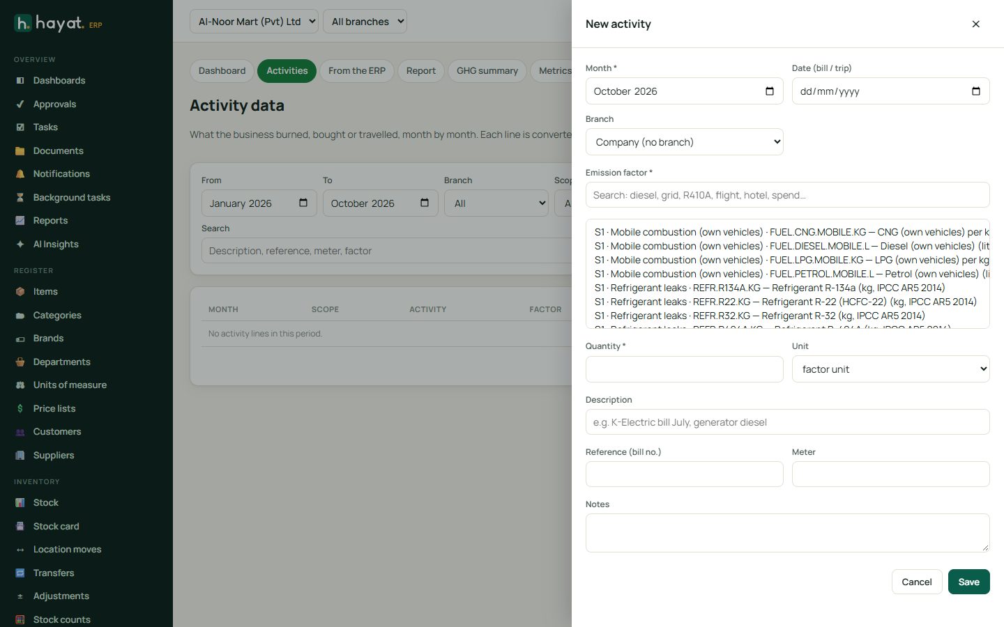 A new activity line with its live kg CO2e (not saved)