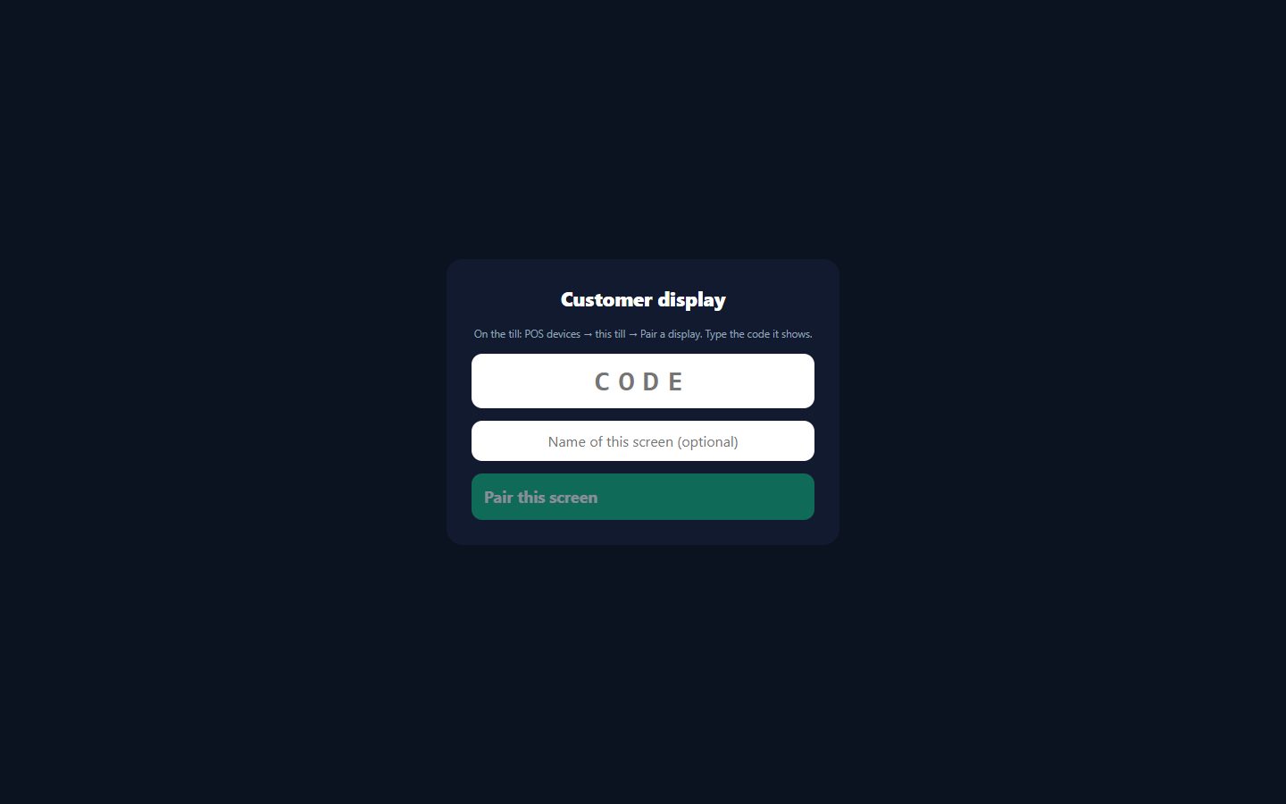 Customer display: pairing screen