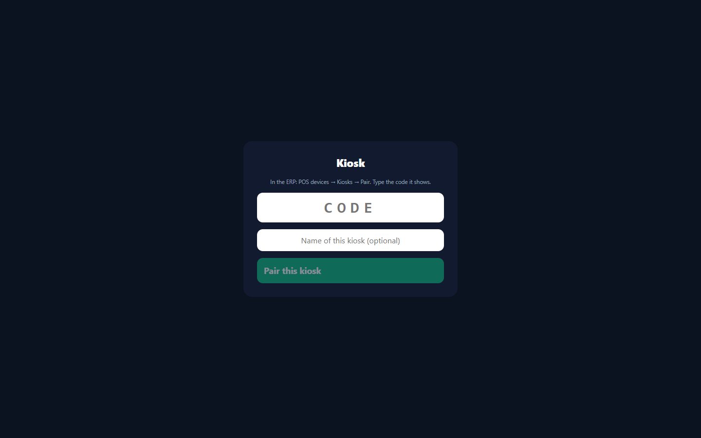 The kiosk pairing screen