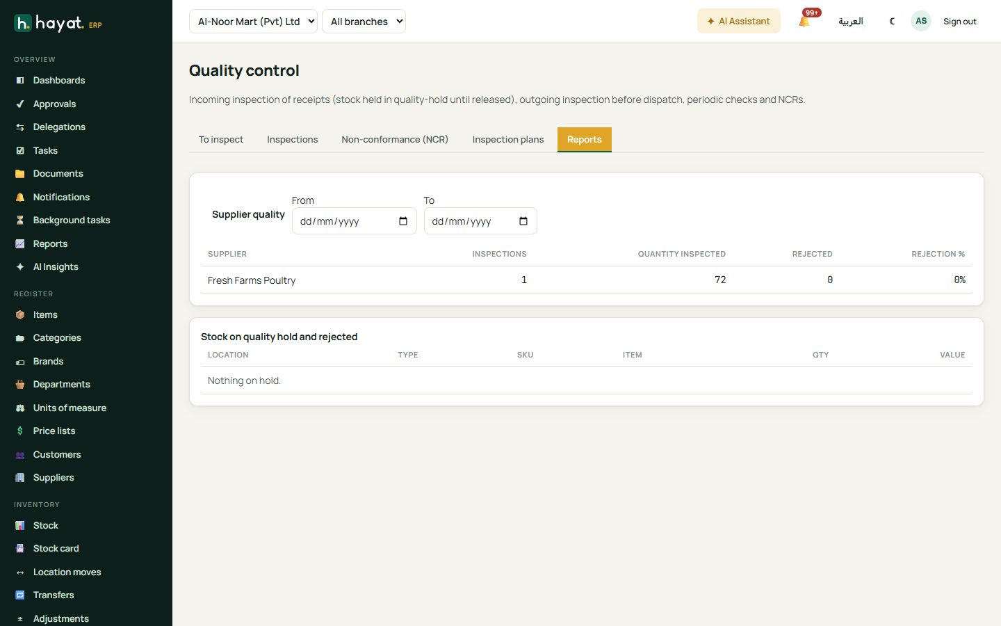 Supplier quality and stock on hold