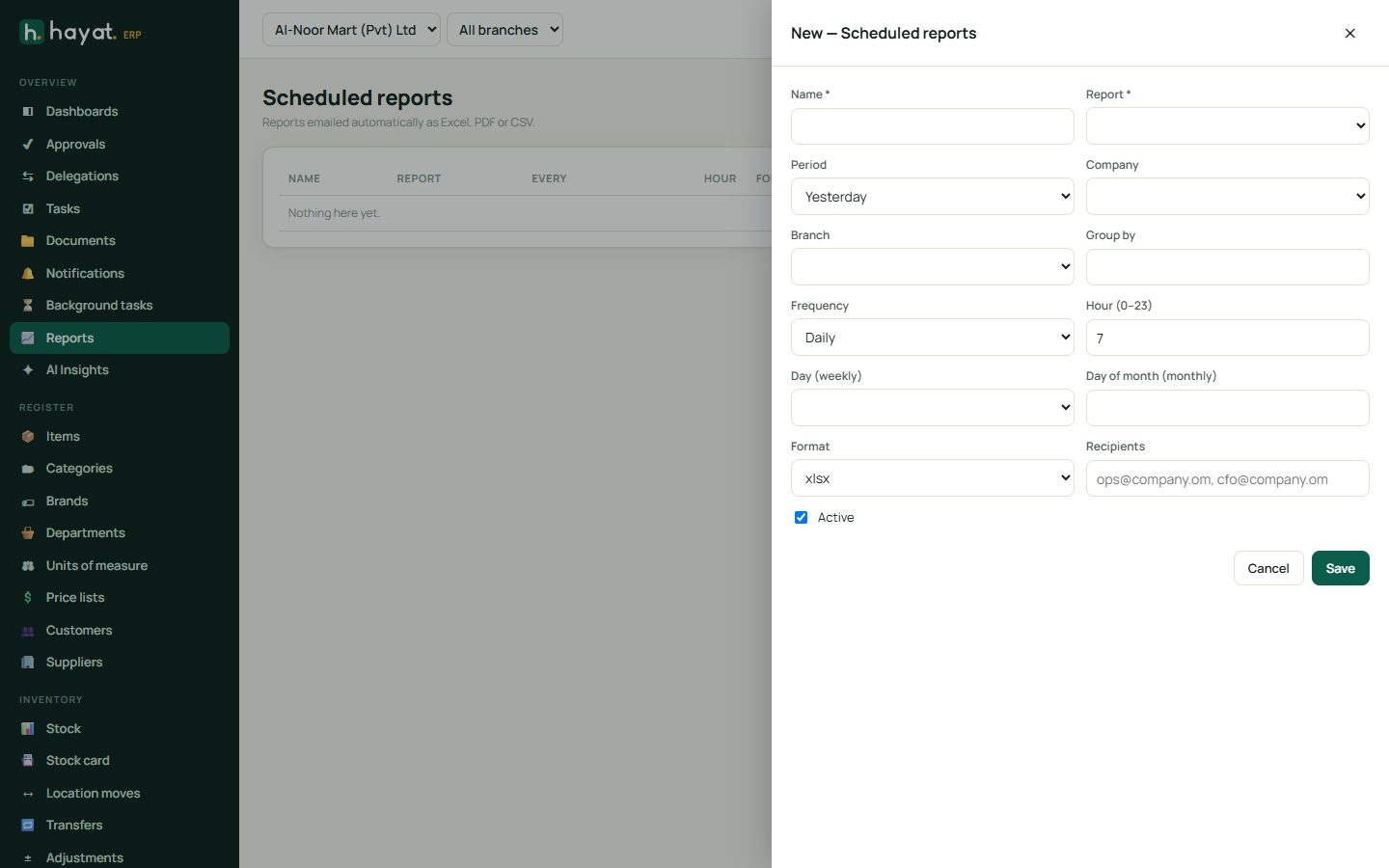 A new scheduled report (not saved)
